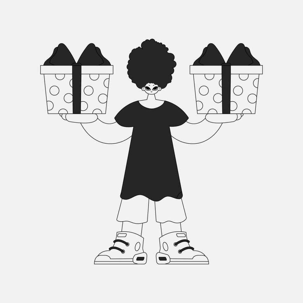A unique man is holding a gift box. Newspaper style character. vector