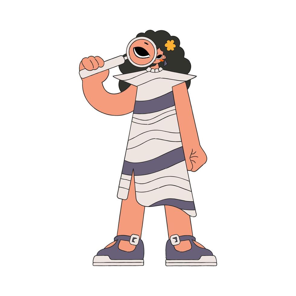 A woman holds a magnifying glass in her hands. Search for the necessary information on the Internet. Retro style character. vector