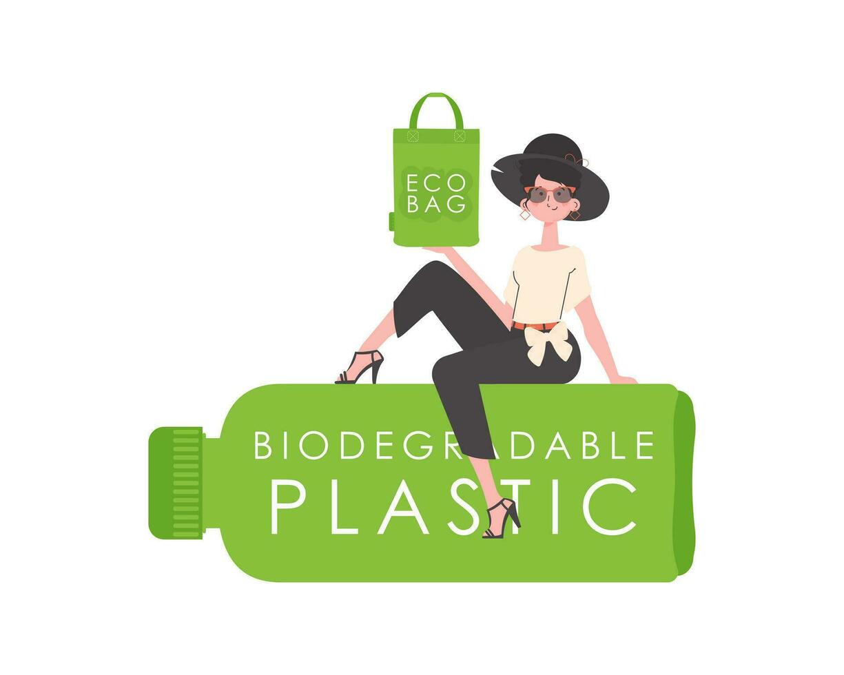 A woman sits on a bottle made of biodegradable plastic and holds an ECO BAG in her hands. The concept of ecology and care for the environment. Isolated. Fashion trend illustration in Vector. vector