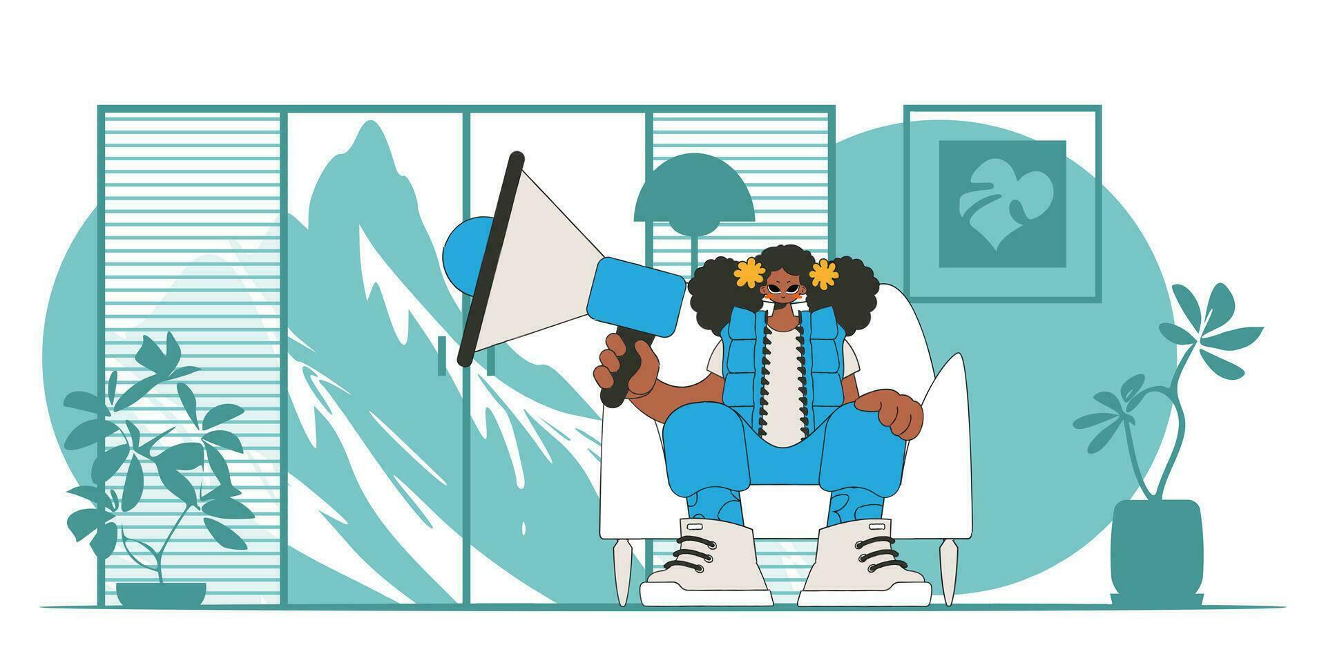 Stylized vector illustration of a HR representative. A young girl sits in a chair and holds a megaphone in his hand.