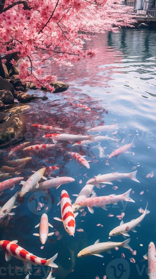 Ethereal image of a tranquil koi pond surrounded by blooming cherry blossoms photo