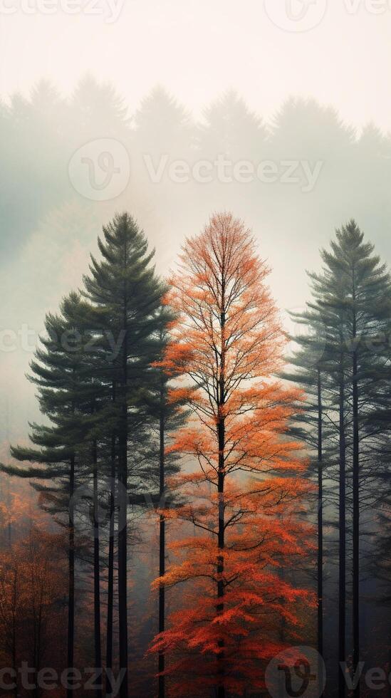 Misty forest during autumn with tall trees and multicolored leaves, providing ample copy space photo