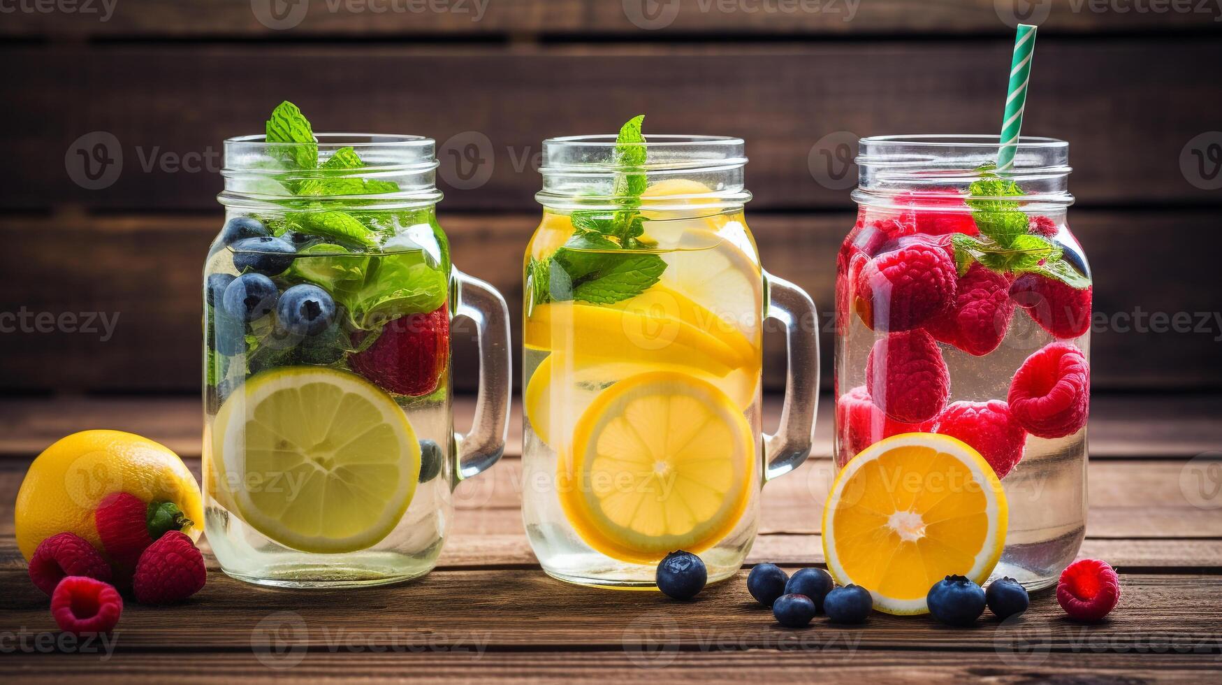 Trendy Assortment of Detox Fruit Water in Vibrant Mason Jars on a Rustic Wooden Tabletop AI Generative photo