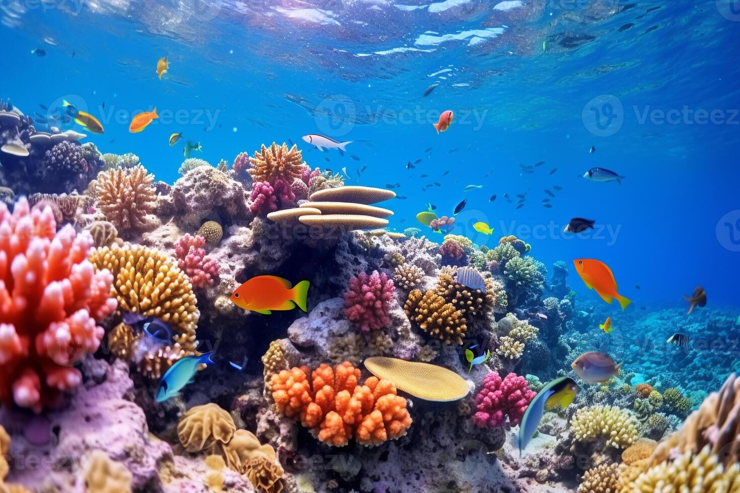 Enchanting underwater scene of a vibrant, multi-colored coral reef teeming with diverse fish photo