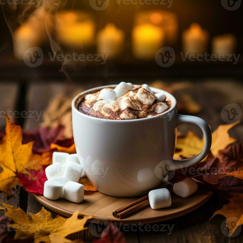 acogedor otoño escena con caliente chocolate coronado con derritiendo Malvaviscos en blanco jarra ai generativo foto