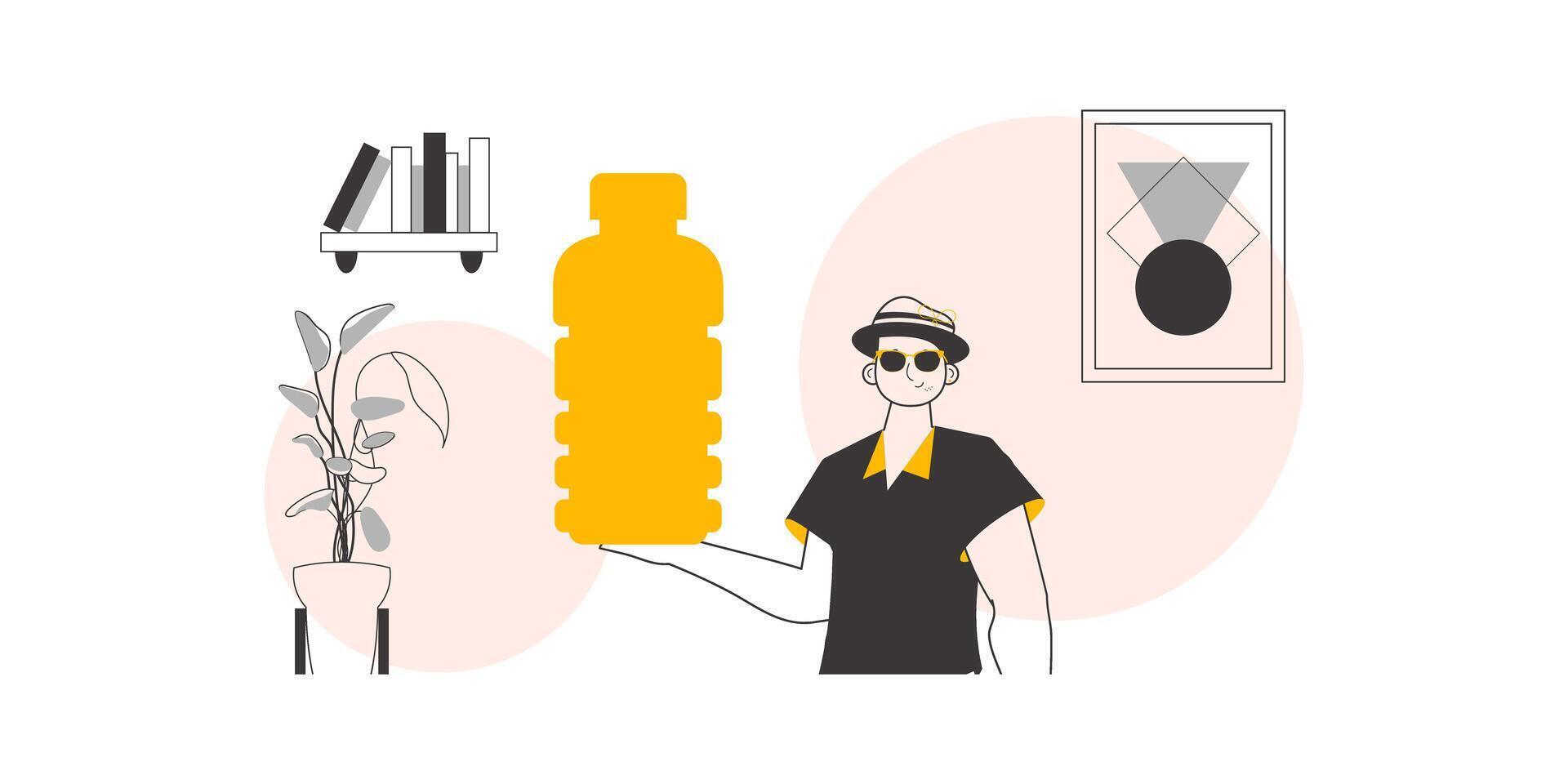 The man is holding a bottle in his hand. Linear style. vector
