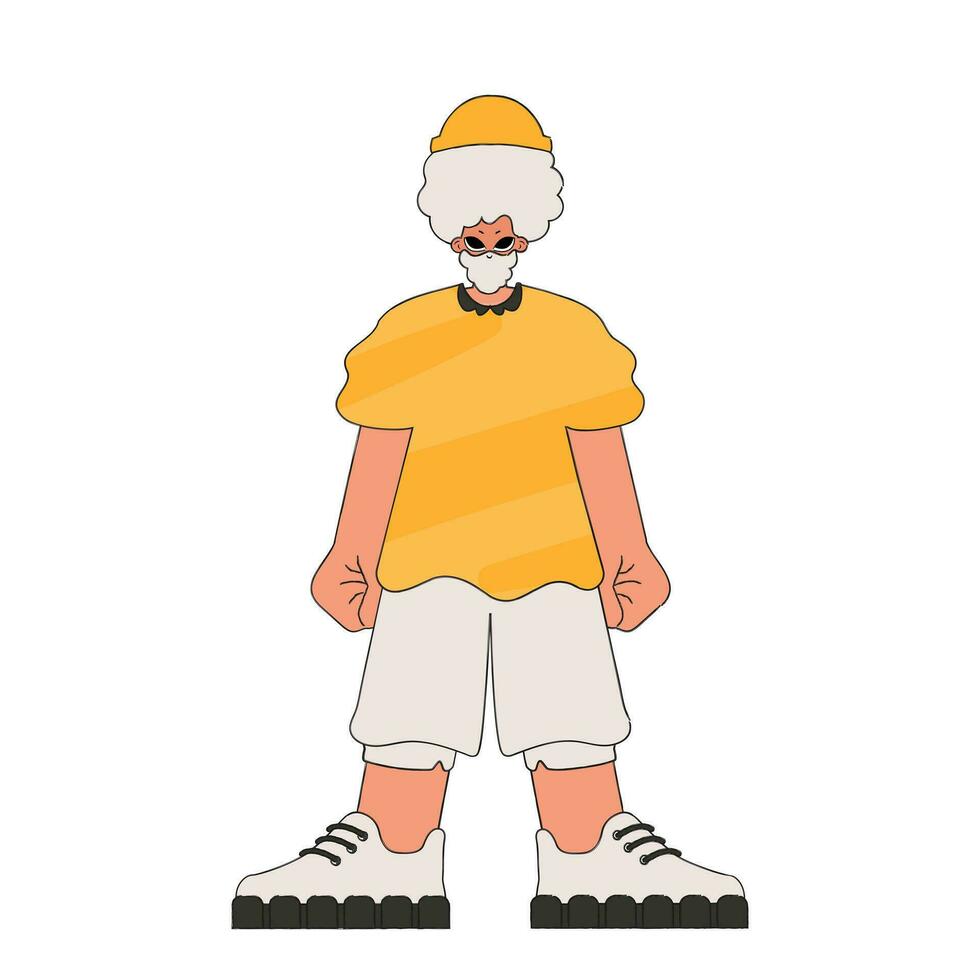 A guy with blonde hair, a yellow hat, a T-shirt and beige shorts. vector