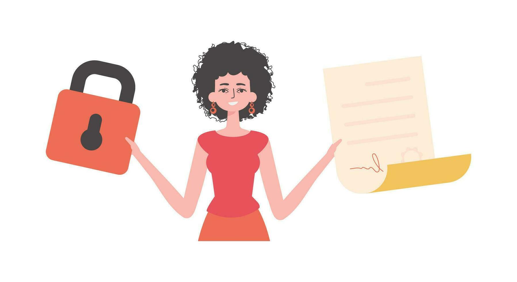 The woman is holding a document. Smart contract. Data protection. Modern trendy style. vector