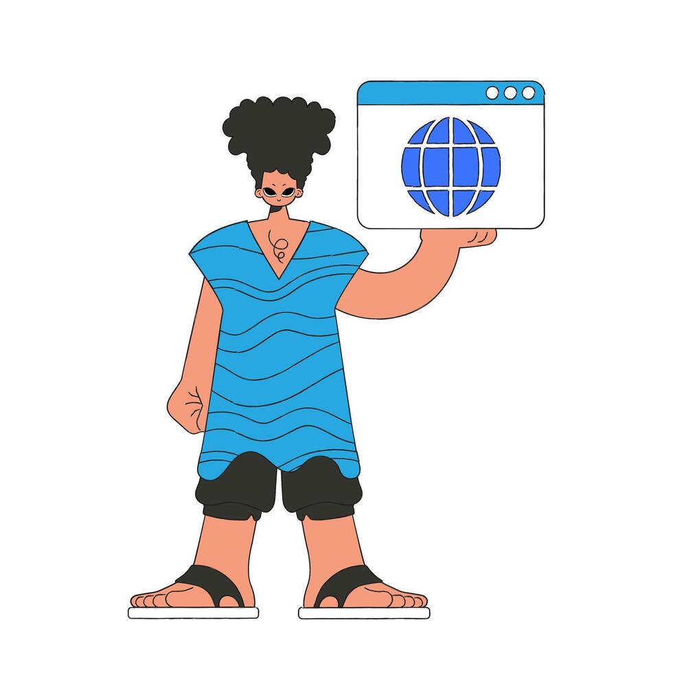 A bright and stylish illustration of a guy holding a browser window in his hands. Bright trend character. vector