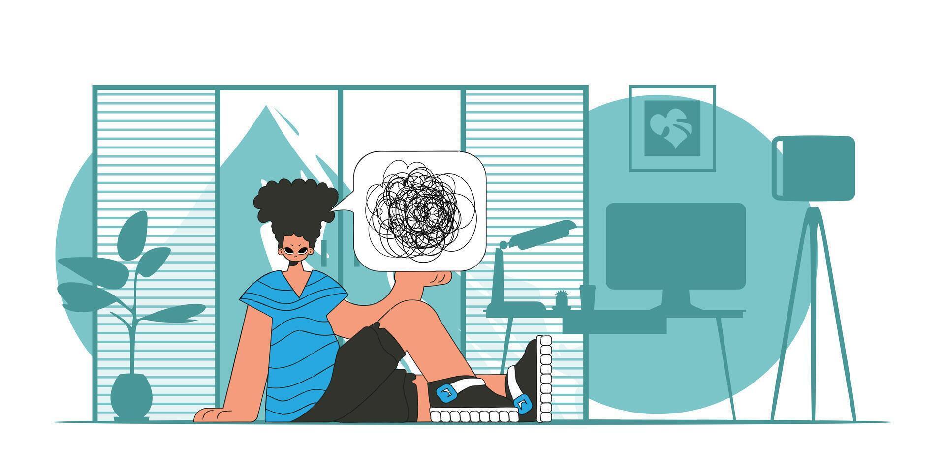A person consumed by a sense of hopelessness and despair. The man shows that he is trying to unravel his tangled thoughts. vector