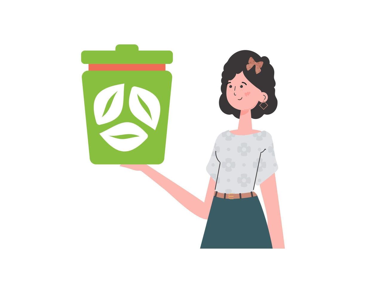 The girl is depicted waist-deep and holding an urn in her hands. The concept of recycling and zero waste. Isolated on white background. illustration Flat trendy style. vector