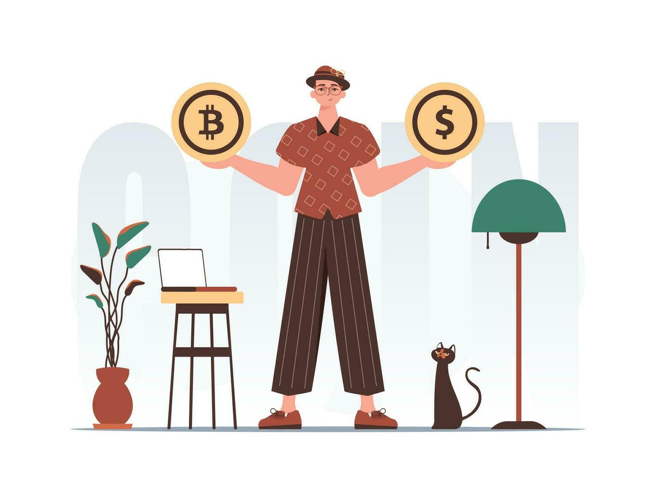 The concept of mining and extraction of bitcoin. A man holds a bitcoin and a dollar in his hands. Character with a modern style. vector