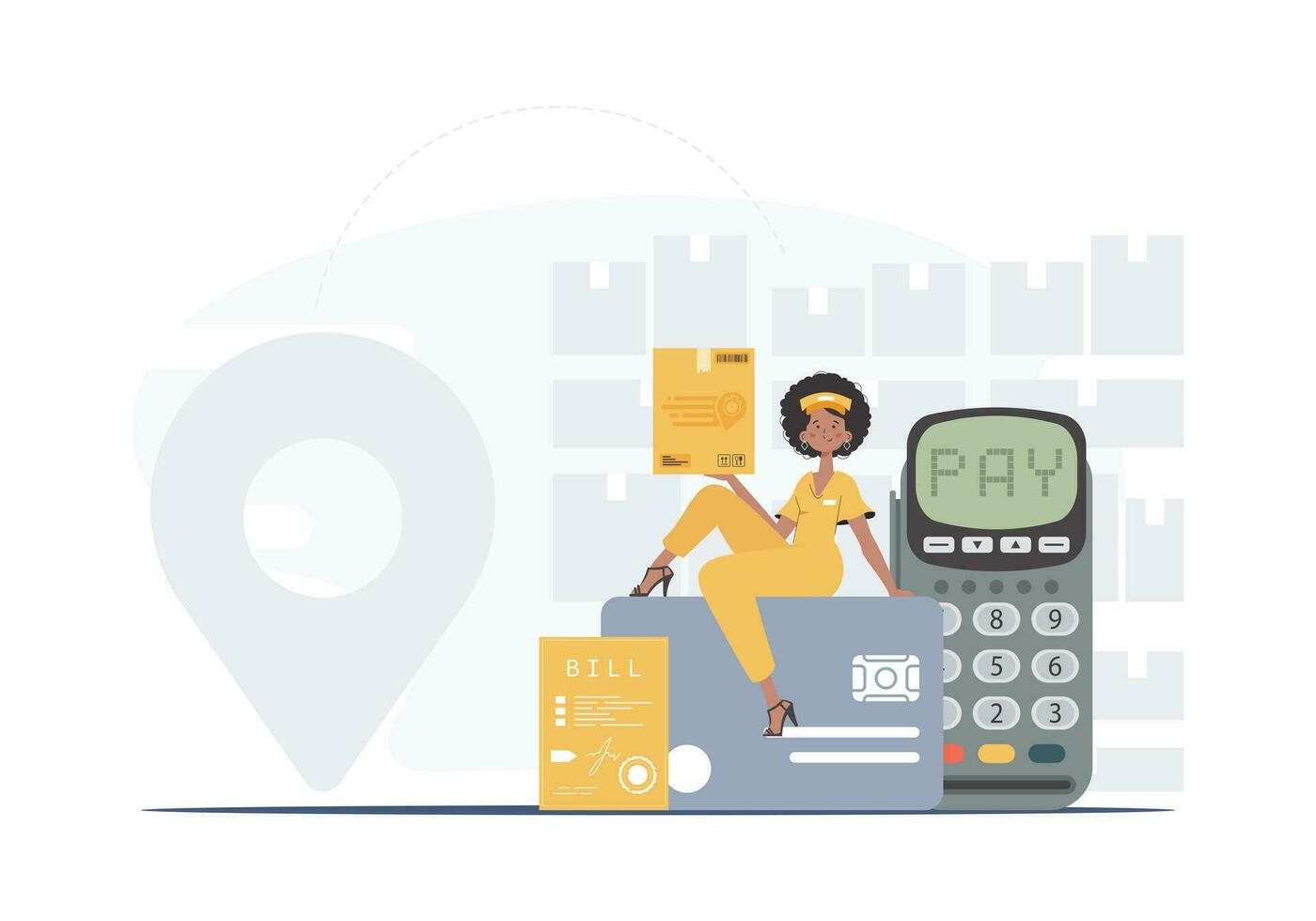 Delivery concept. A woman courier sits on a bank card and holds a box. Cartoon style. Vector. vector