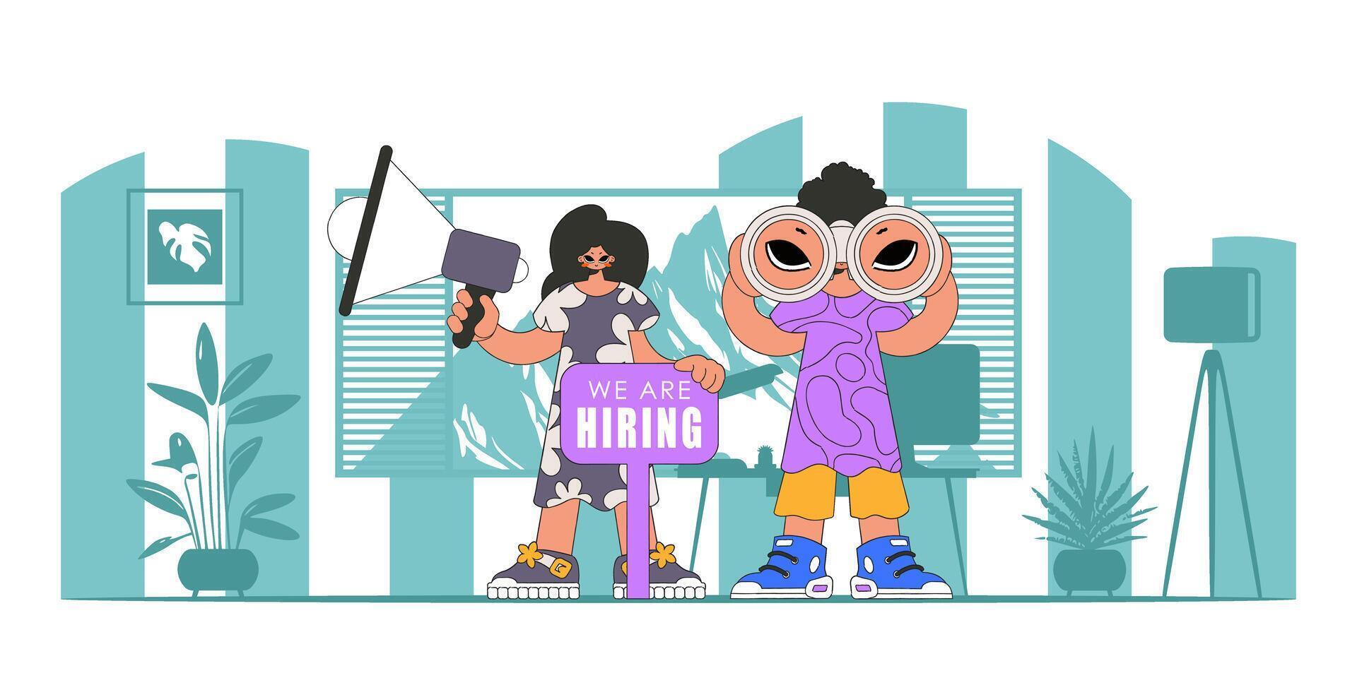 The guy and the girl are specialists Attracting and searching for personnel. vector