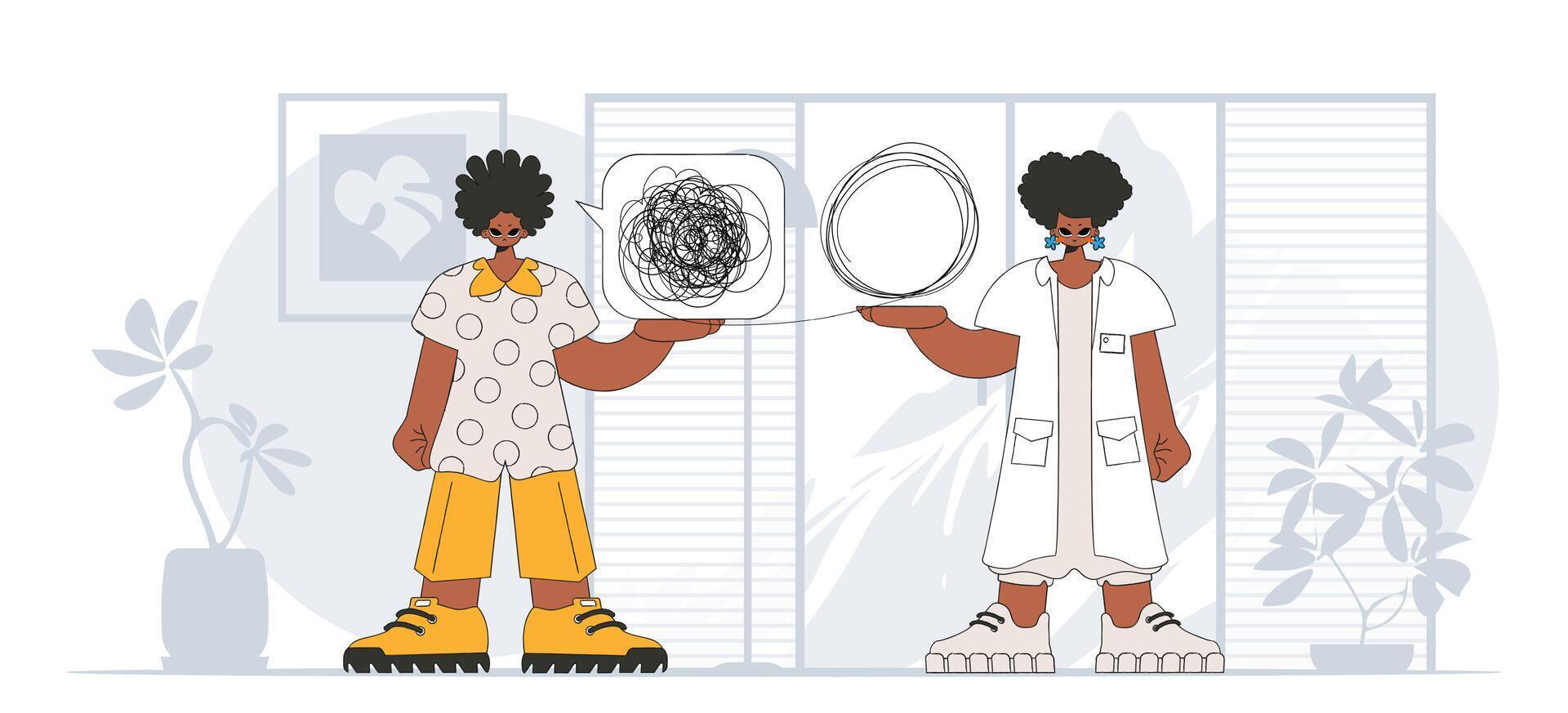 Topic Help A person consumed by a sense of hopelessness and despair. The psychologist unpacks a tangle of thoughts. The patient shows that he is trying to unravel his confused thoughts. vector