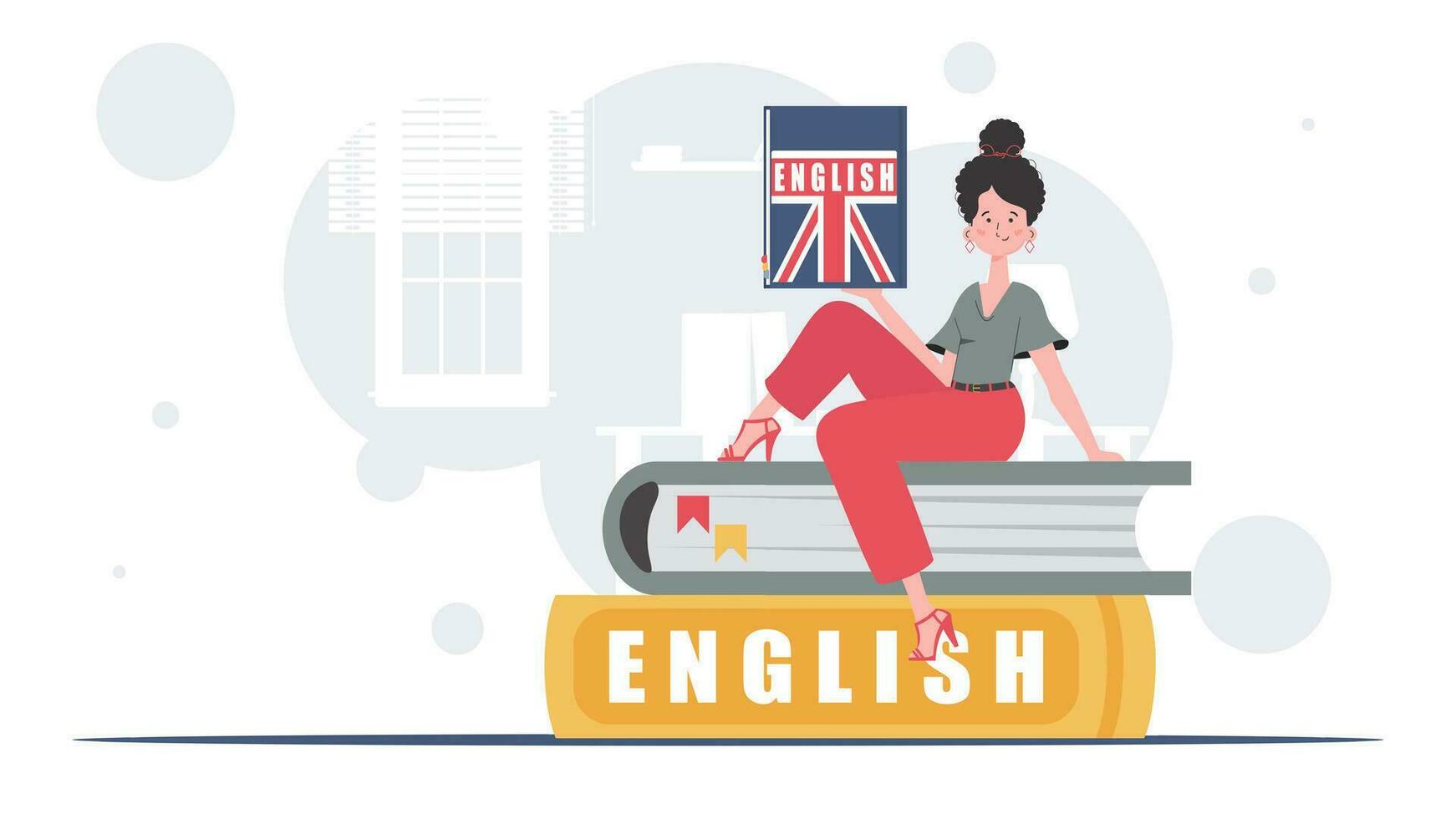 The concept of learning English. A woman sits on books and holds an English dictionary in her hands. Trendy flat style. Vector illustration.