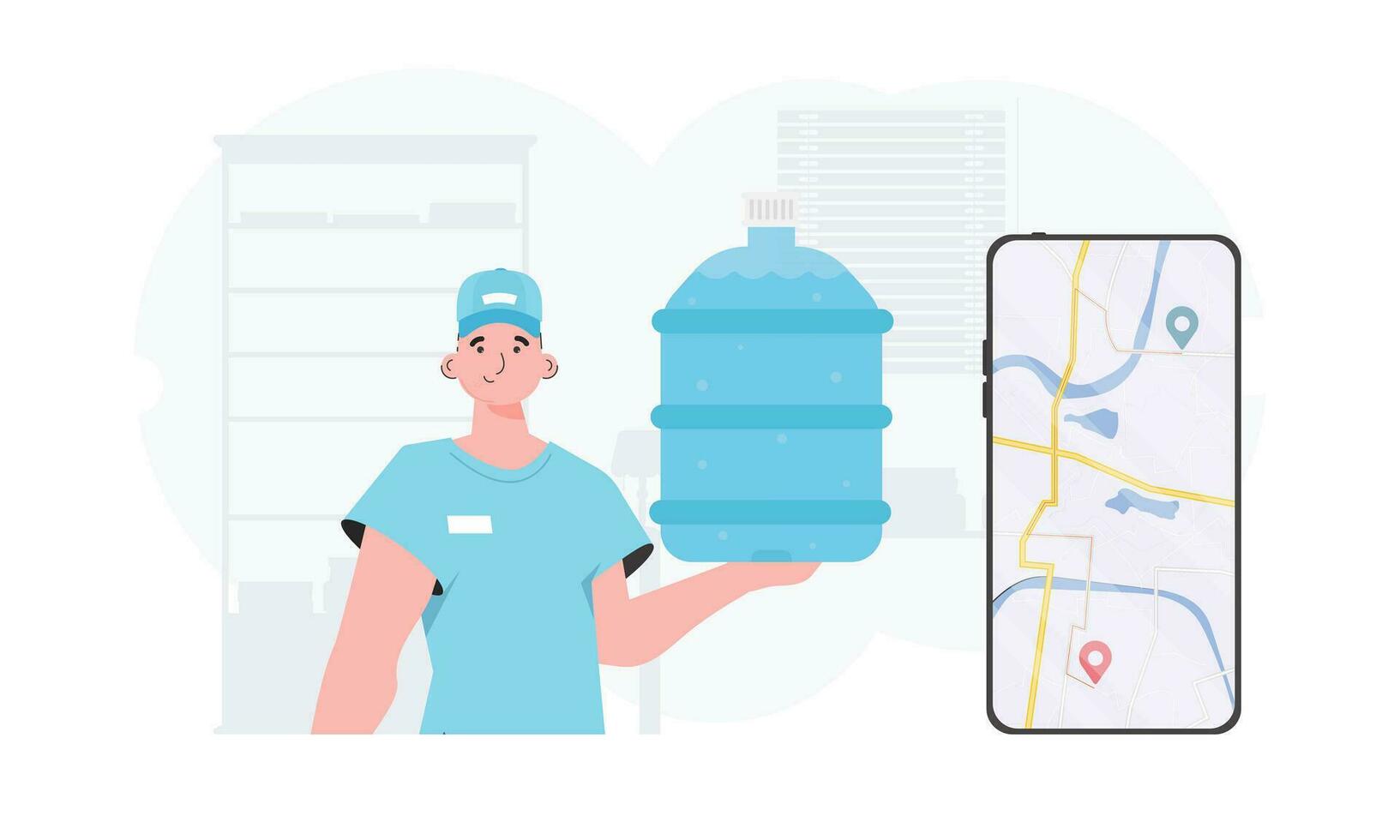 A man is holding a bottle of water. Delivery concept. Cartoon style character is depicted to the waist. Vector. vector