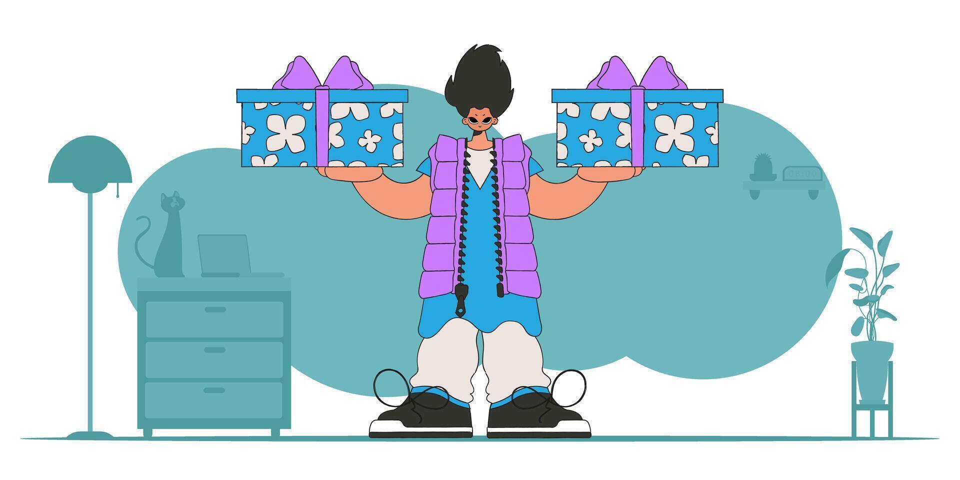 The concept of the holiday and gifts. The guy holds two gifts in his hands. Character in the style of the 90s. vector