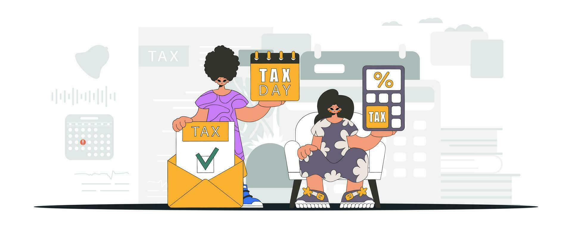 An elegant girl and a guy are engaged in paying taxes. Graphic illustration on the theme of tax payments. vector
