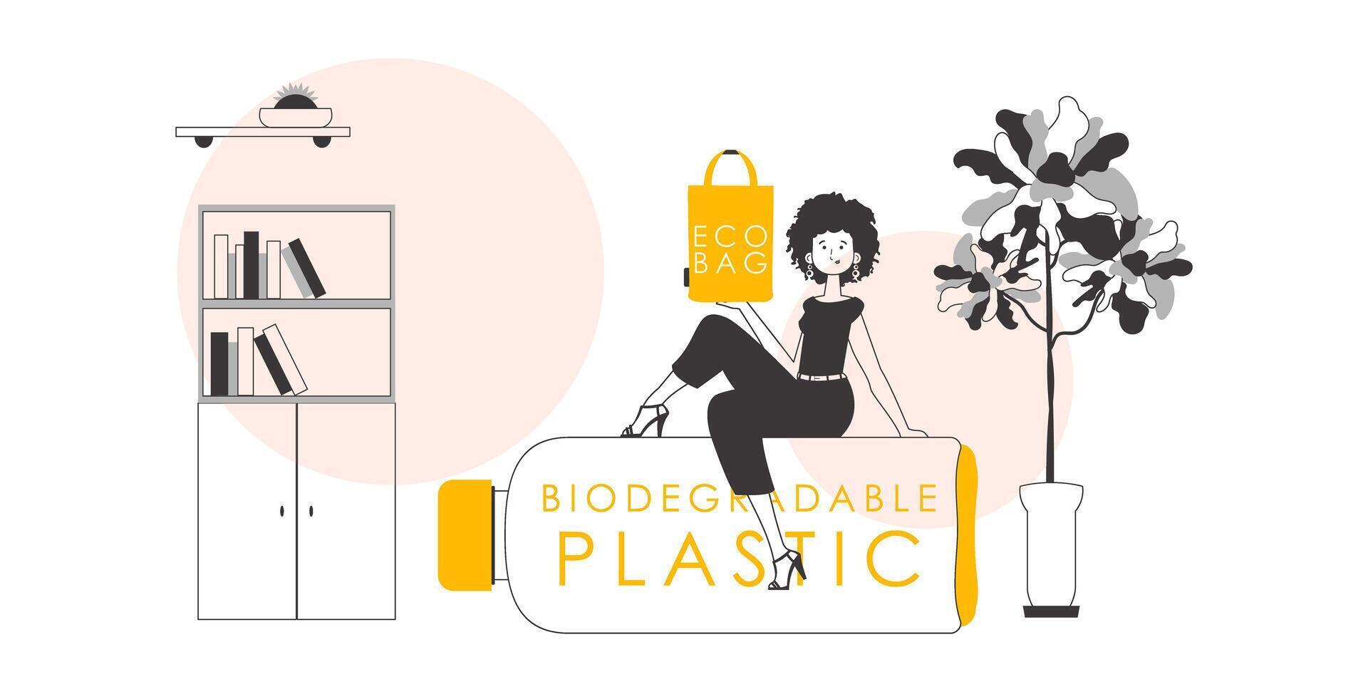 el concepto de ecológico pantalones y el plastico. el niña es participación un paquete ecológico en su manos. lineal estilo. vector