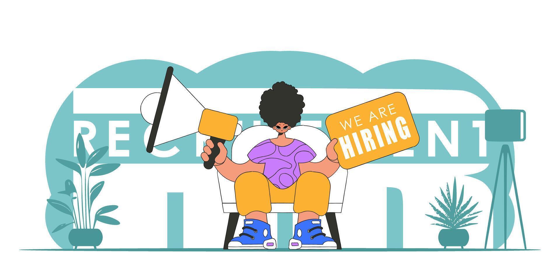 illustration of a representative of the personnel department. A young guy sits in a chair and holds a megaphone in his hand. vector