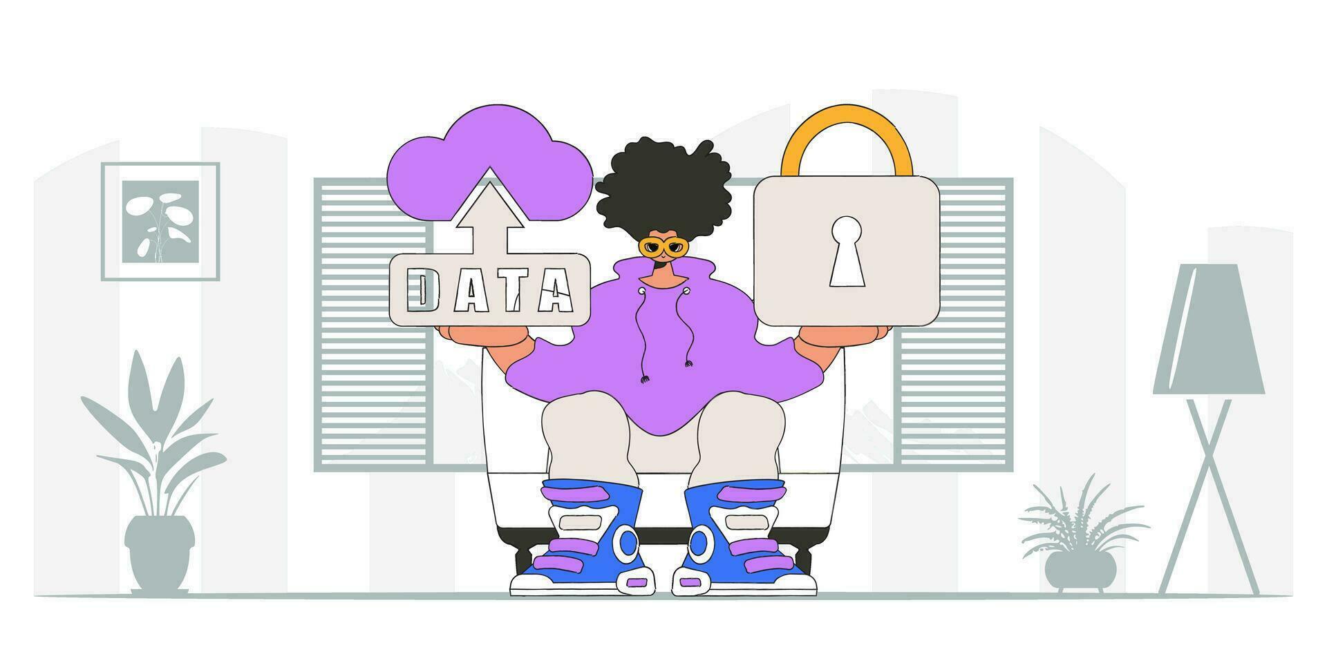 Vector modern character style depicting a man with a padlocked cloud storage.