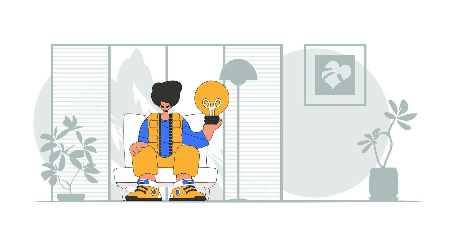 A handsome guy holds a light bulb in his hands. Illustration on the theme of the appearance of an idea. vector