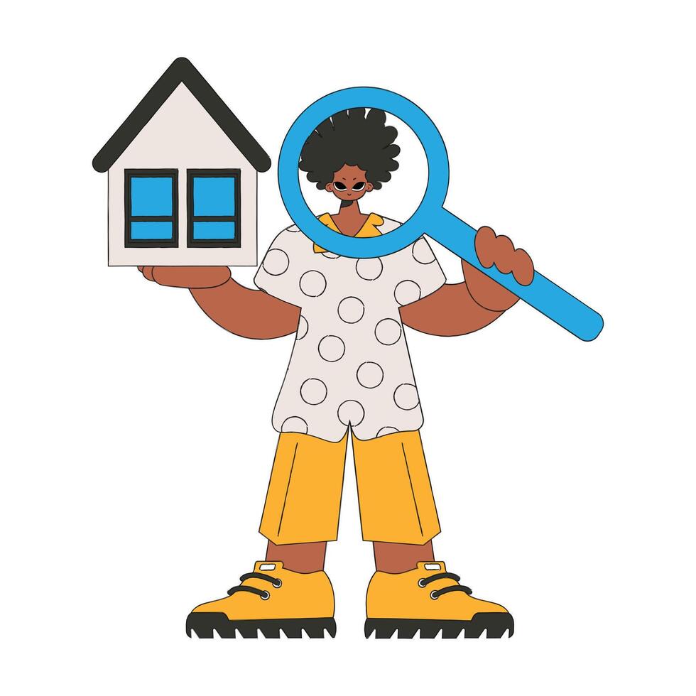 A male realtor holds a house and a magnifying glass in his hands. Selling and owning a house. vector