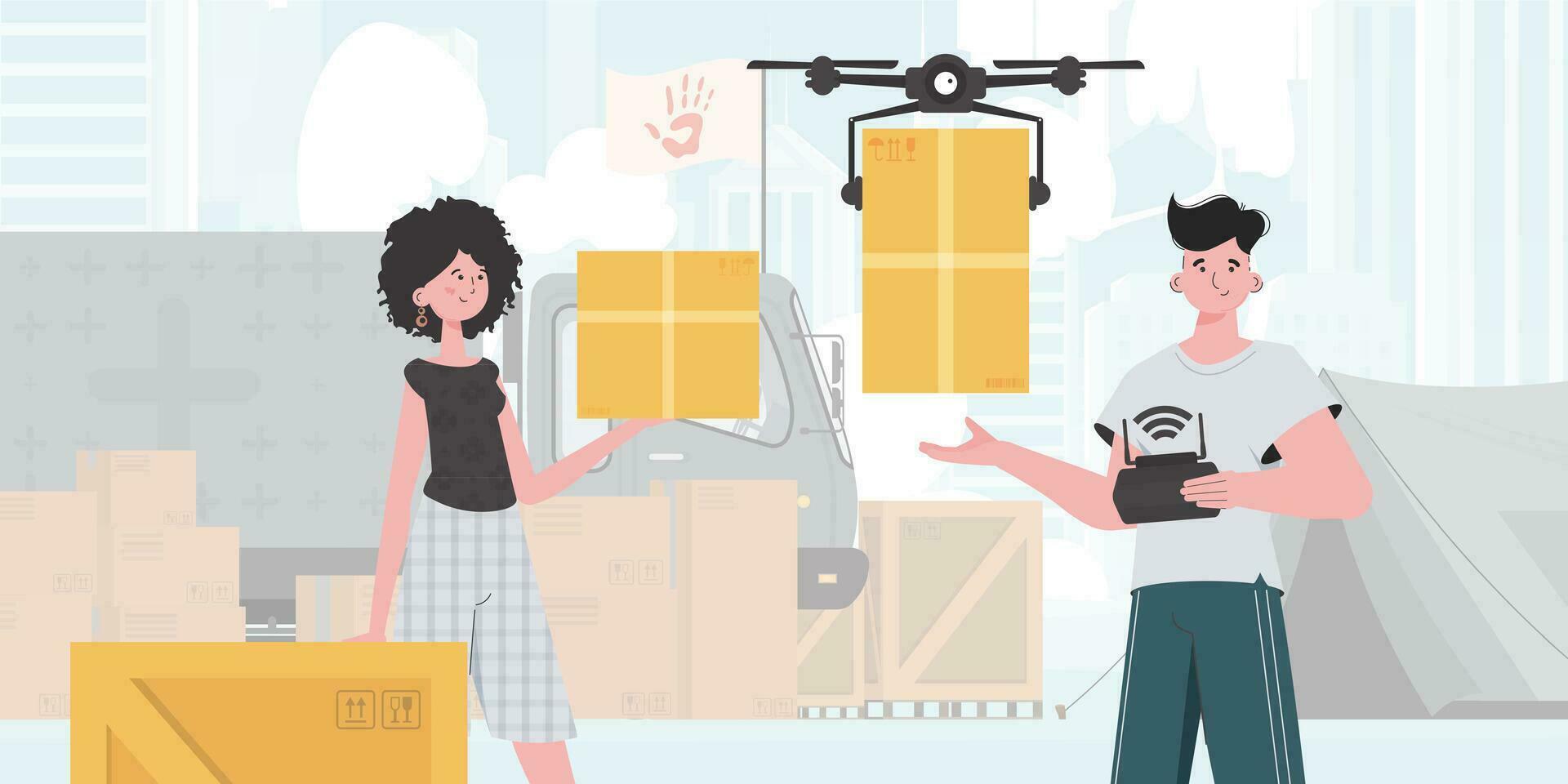 acampar para humanitario ayuda. el quadcopter es transportar el parcela. hombre y mujer con cartulina cajas de moda estilo. vector ilustración.