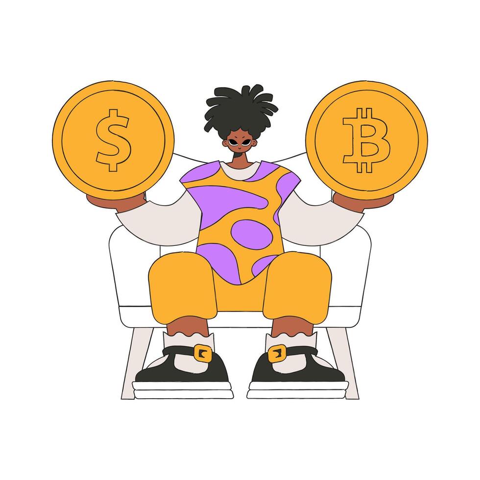 A man holds a dollar and bitcoin coin in his hands. Rentro style character. vector