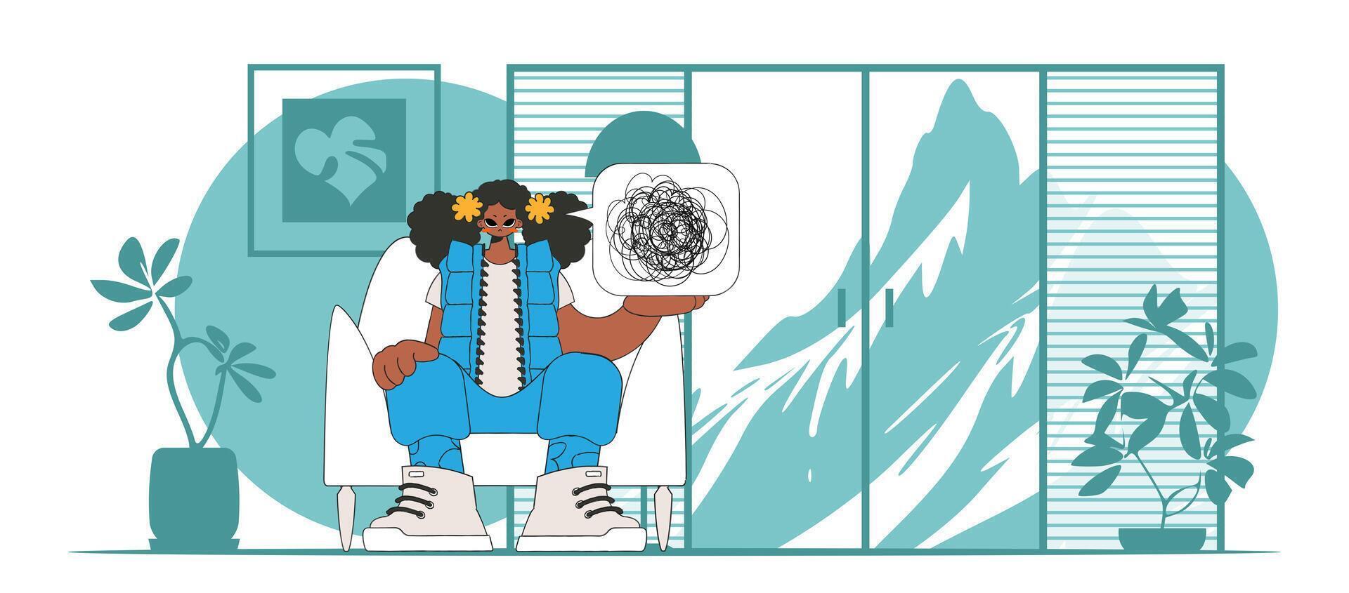 A person consumed by a sense of hopelessness and despair. The girl demonstrates that he is trying to unravel his tangled thoughts. vector
