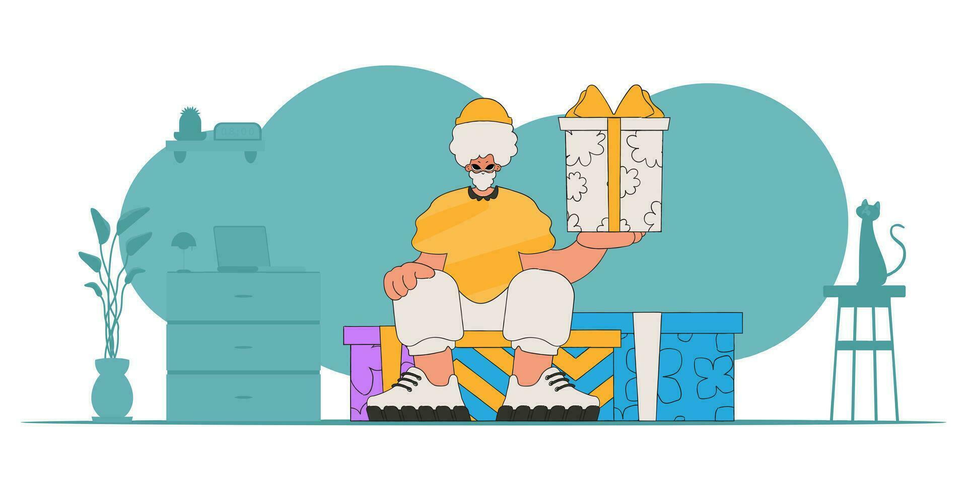 90s style. The guy holds two gifts in his hands. A man sits on gift boxes. The concept of the holiday and gifts. vector