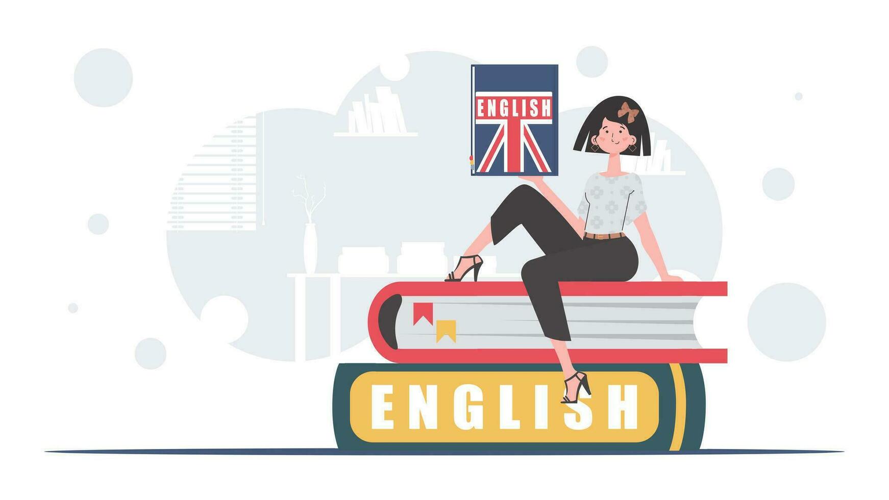 The concept of learning English. A woman sits on books and holds an English dictionary in her hands. Trendy flat style. Vector. vector