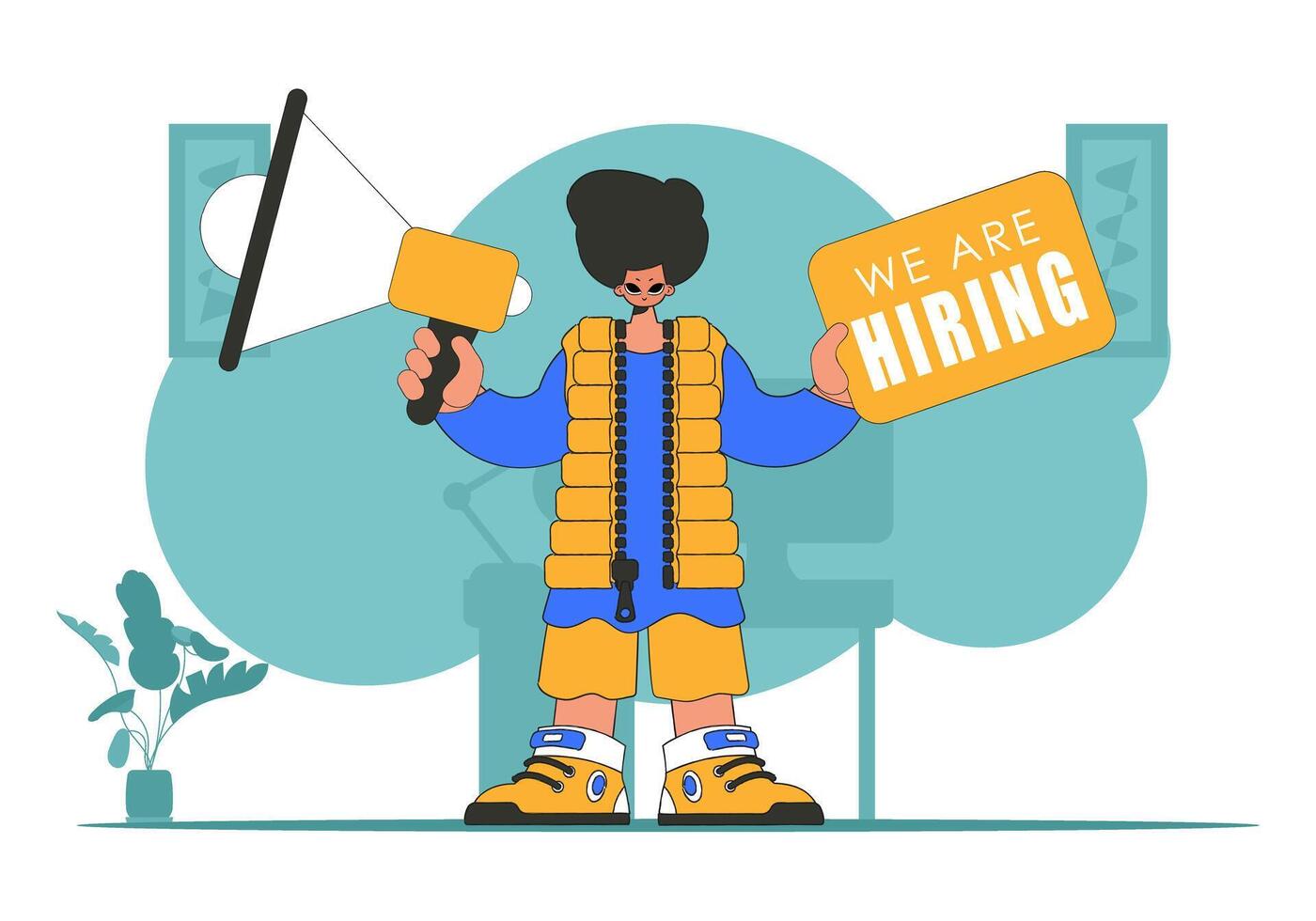 Topic Engagement of employees. A man with a megaphone. labor market. vector