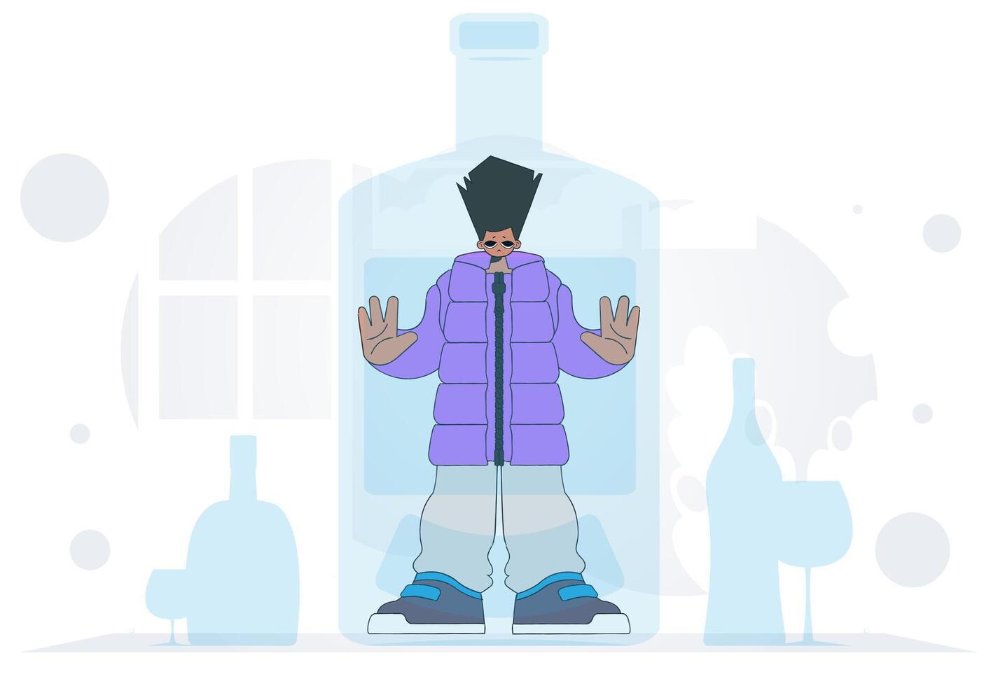 The concept of treatment for alcohol addiction. The guy is inside the bottle. vector
