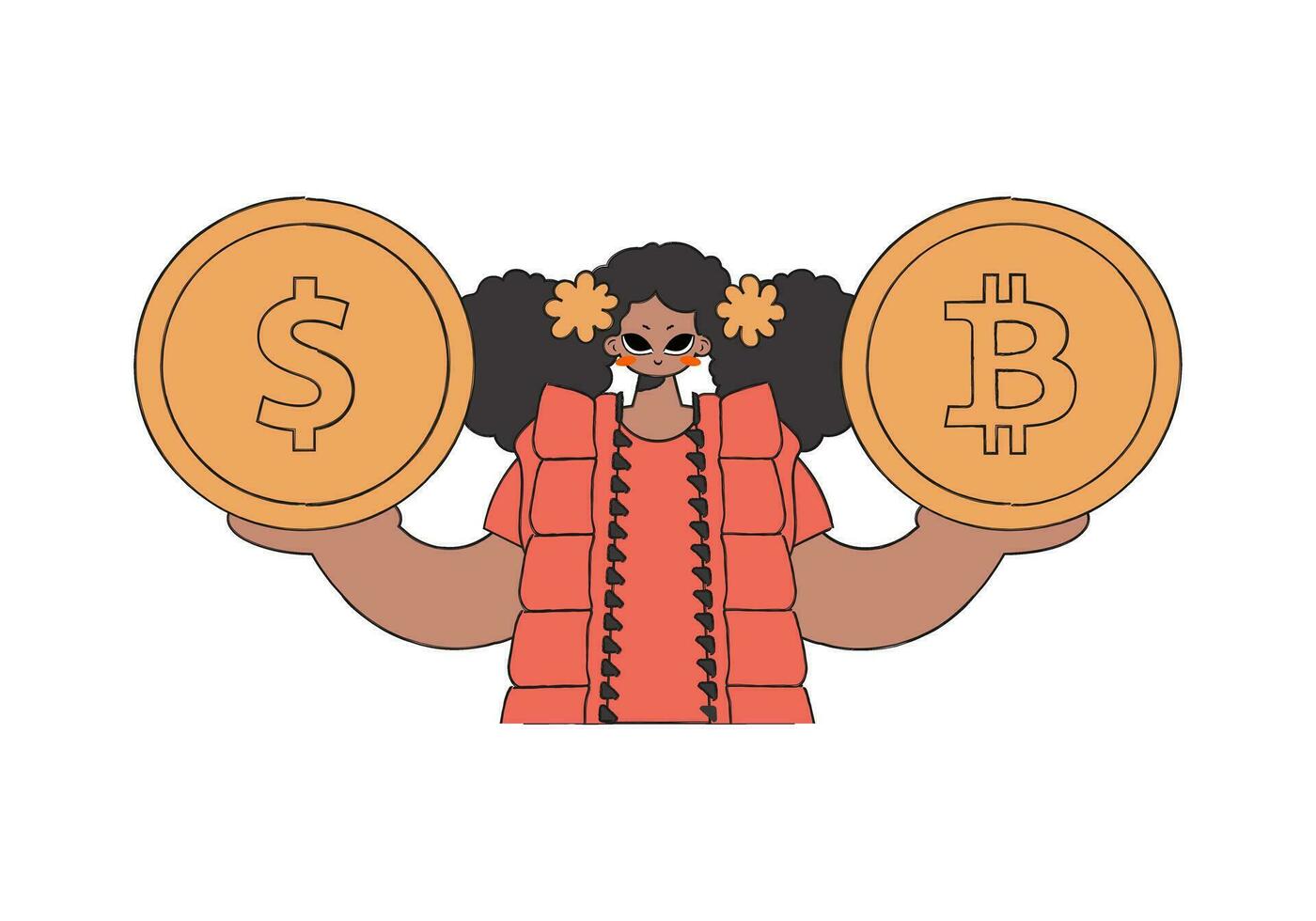 un mujer sostiene un dólar y un bitcoin en su manos. personaje de moda retro estilo. vector