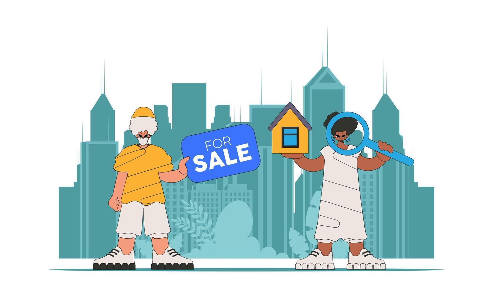 Concept Selling and owning a house. Guy and girl realtor sells a house. vector