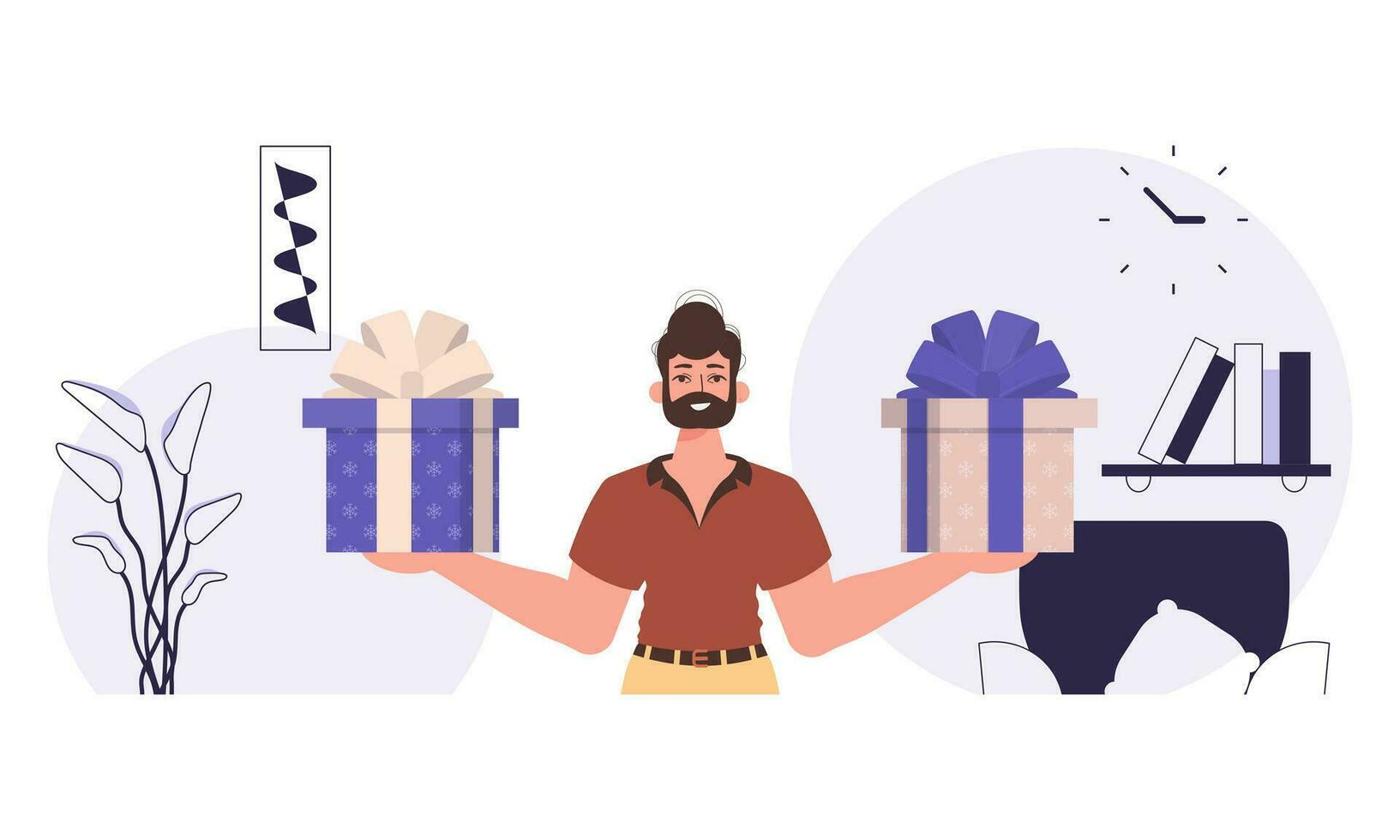 Christmas gift concept. The guy is holding a gift box in his hands. vector