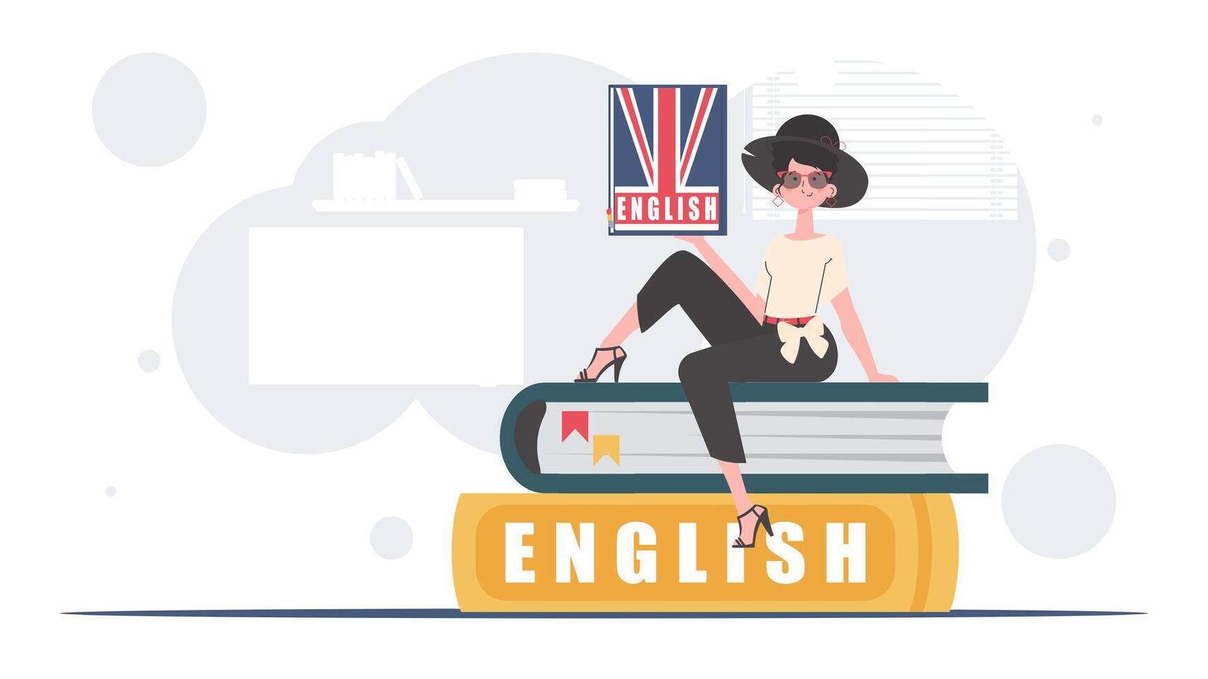 The concept of learning English. A woman sits on books and holds an English dictionary in her hands. Trendy cartoon style. Vector illustration.