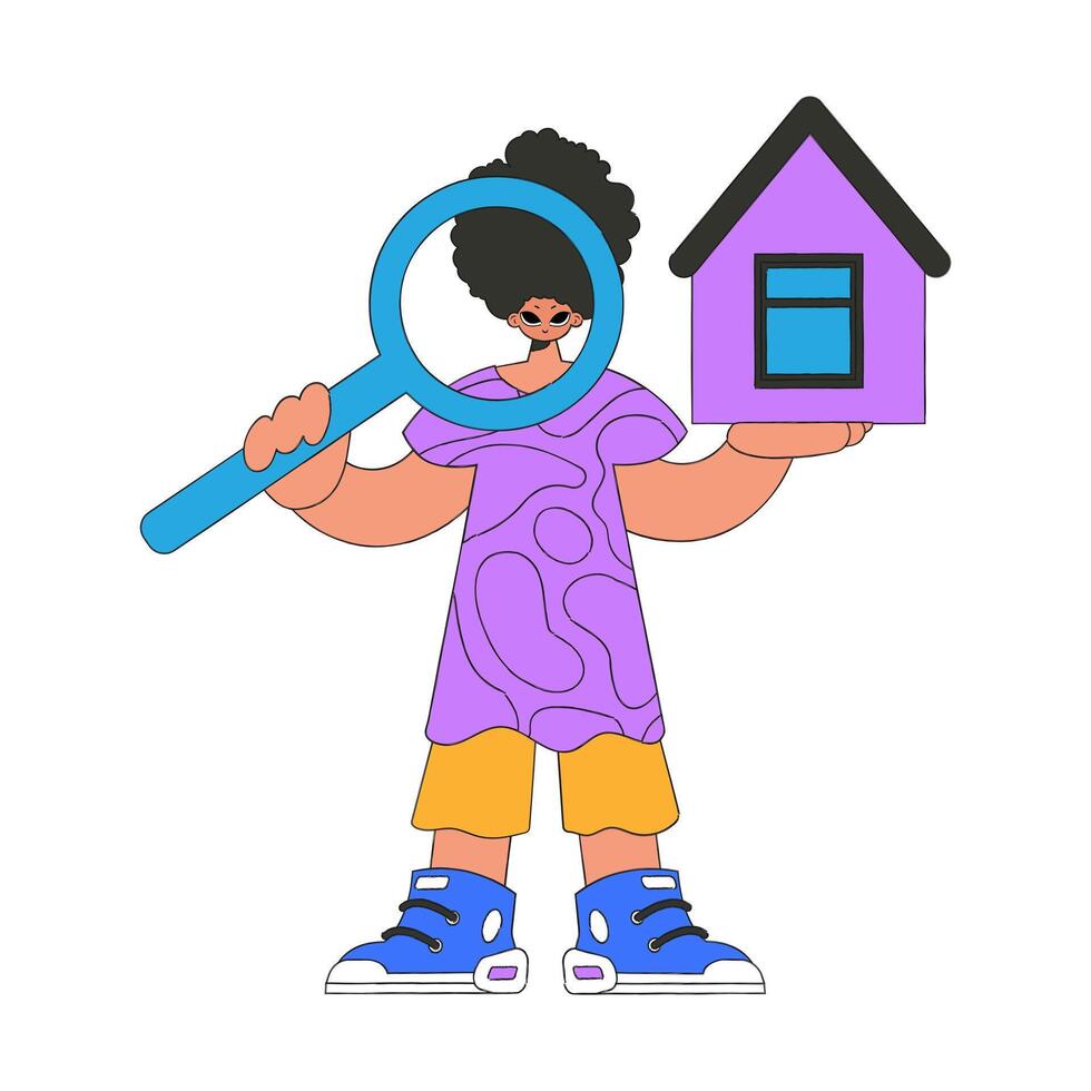 Male real estate agent holding a house and a magnifying glass. Investment in real estate. vector