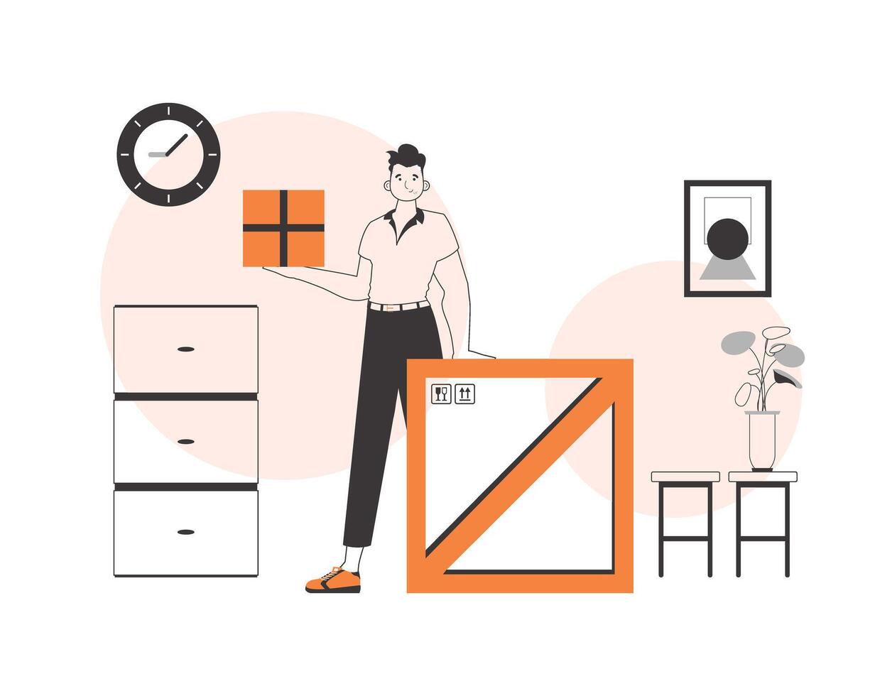 The guy is holding a package. Delivery concept. Linear trendy style. vector