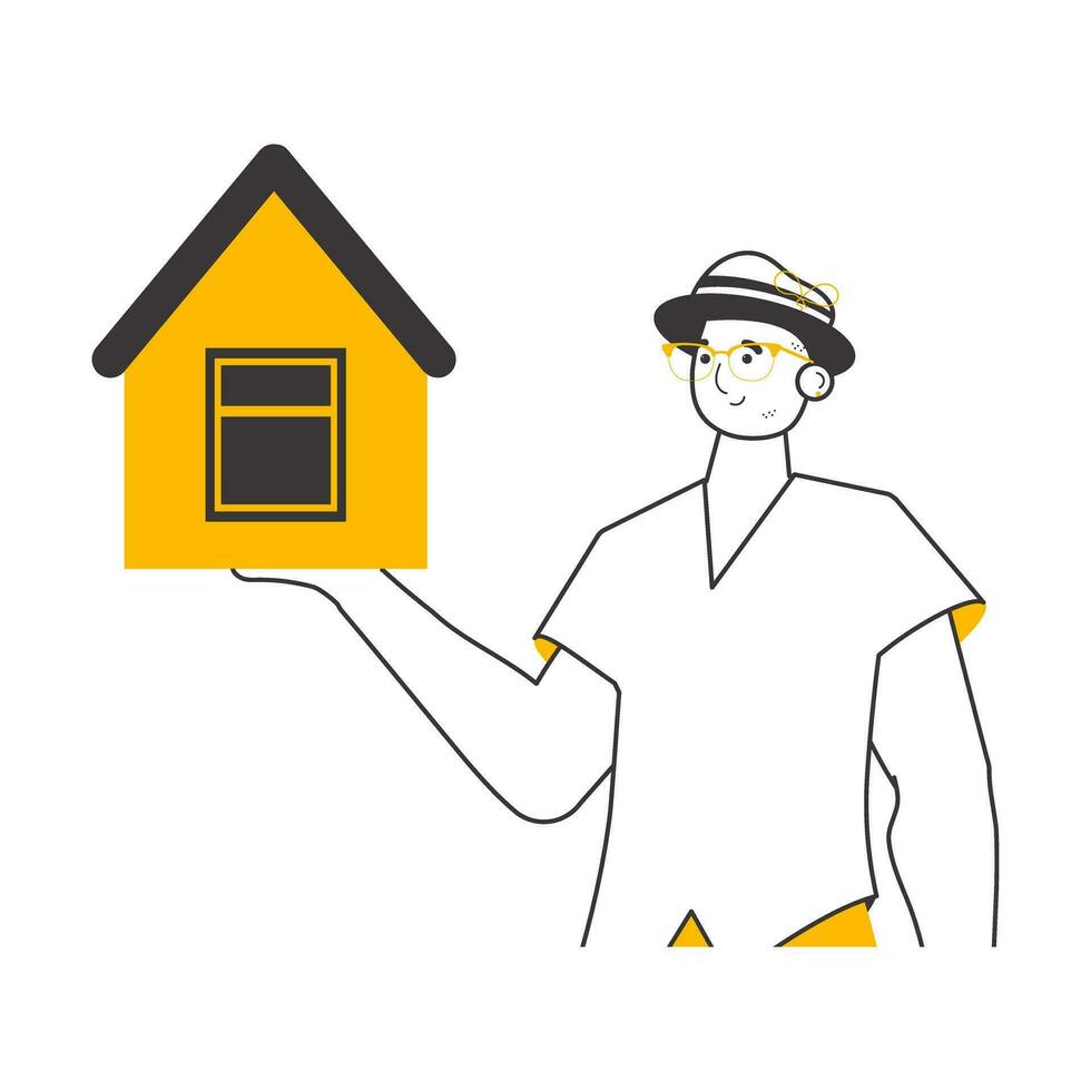 The guy is a real estate agent. Linear trendy style. Isolated. Vector illustration.