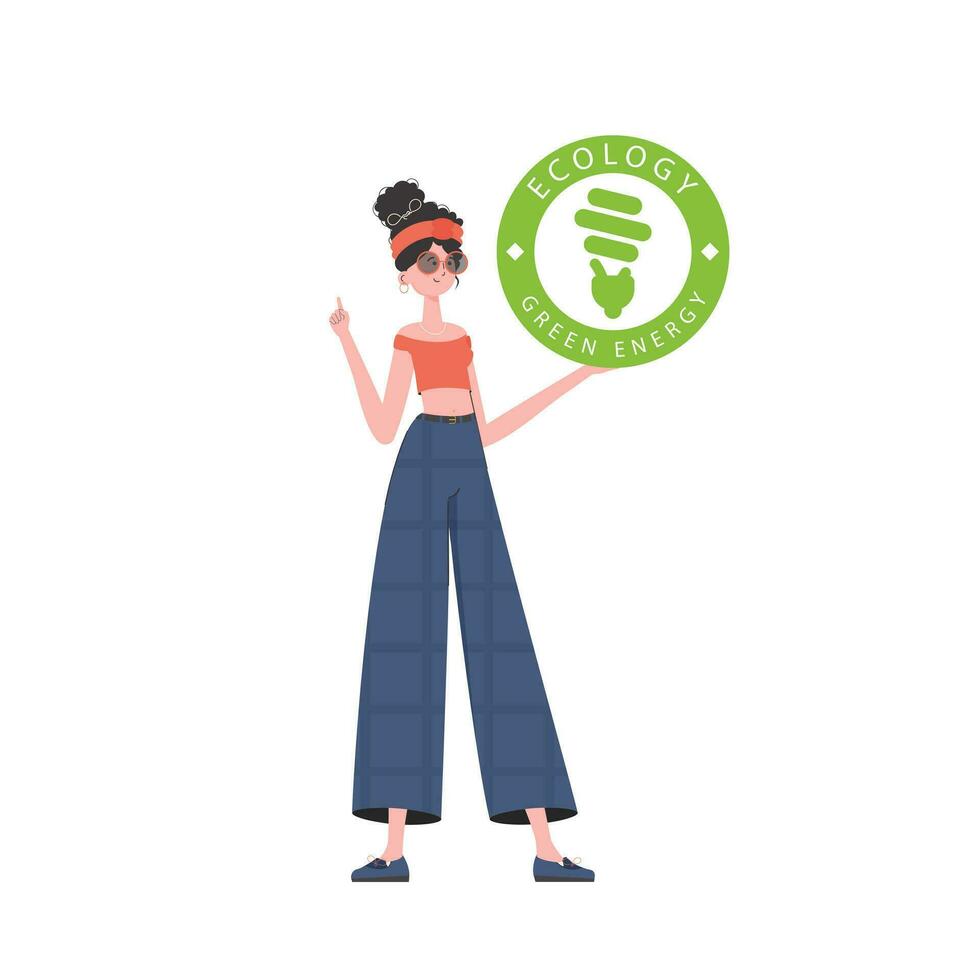 The girl holds the ECO logo in her hands. The character is depicted in full growth. The concept of ecology and green energy. Isolated on white background. Vector trend illustration.