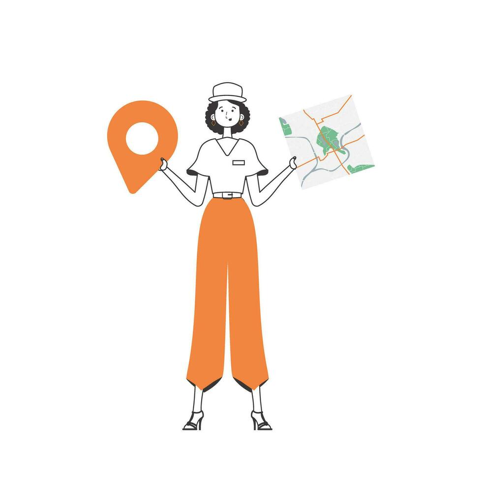 A woman with a map in her hands. Delivery concept. Linear trendy style. Isolated, vector illustration.