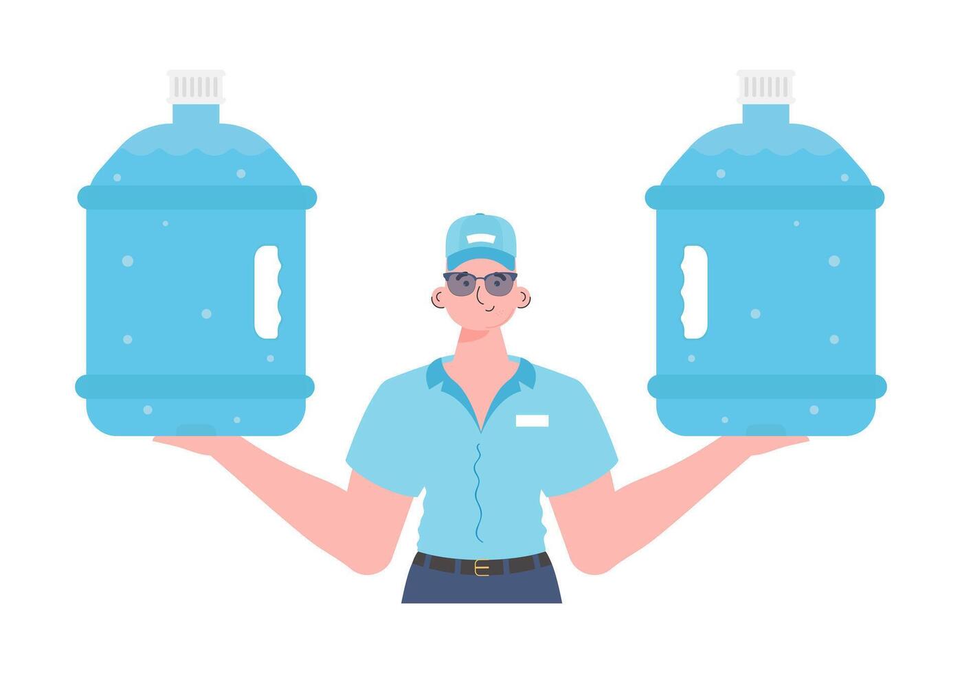 A man is holding a bottle of water. Delivery concept. The stylish character is depicted to the waist. Isolated on white background. Vector illustration.