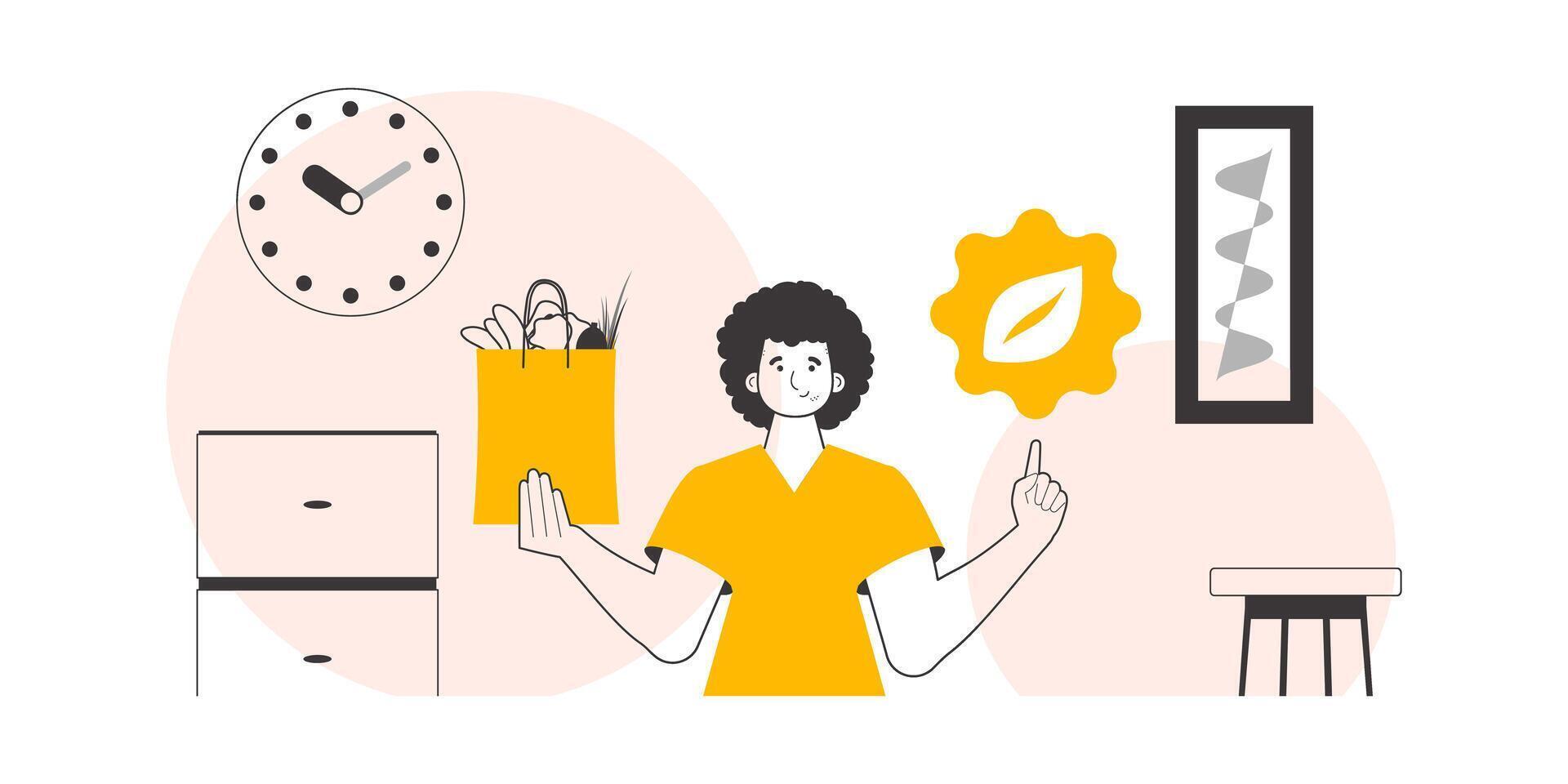 The concept of reasonable consumption. A man, a package with products and an eco logo. Linear modern style. vector