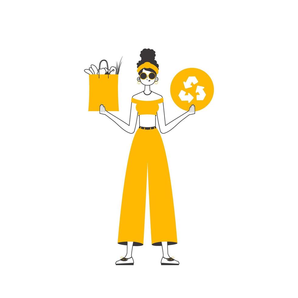Girl, package with products and eco logo. The concept of reasonable consumption. Lineart style. Isolated on white background. illustration. vector