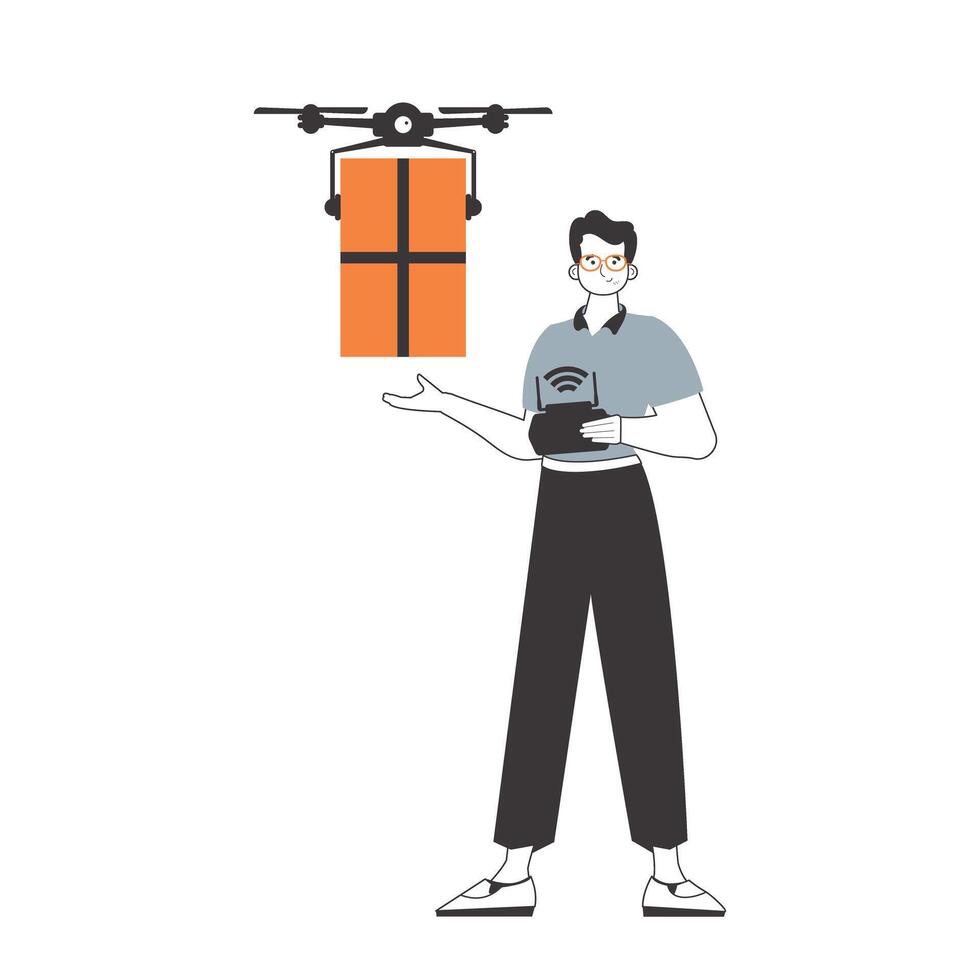 A man delivers a package by drone. The concept of cargo delivery by air. Linear modern style. Isolated on white background. Vector illustration.