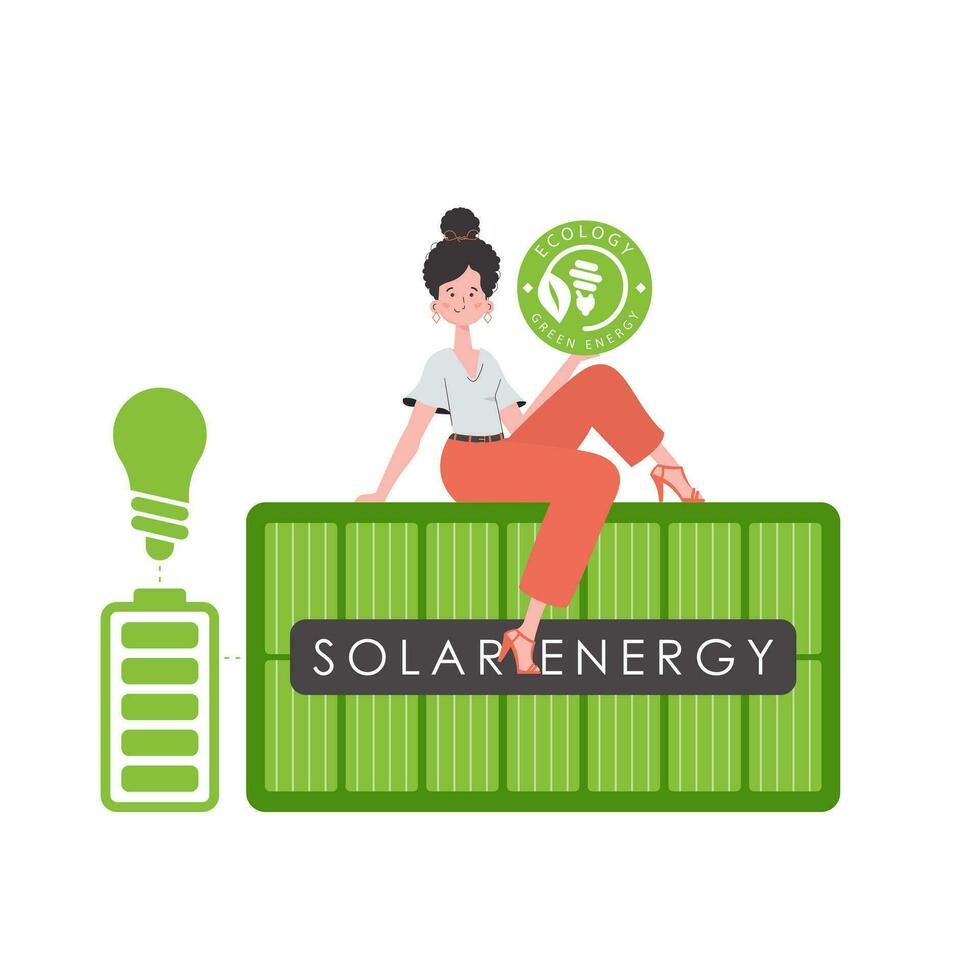 un mujer se sienta en un solar panel y sostiene el eco logo en su manos. el concepto de verde energía y ecología. aislado en blanco antecedentes. vector tendencia ilustración.