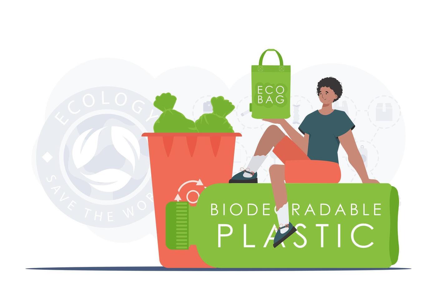 concepto de verde mundo y ecología. un hombre se sienta en un botella hecho de biodegradable el plastico y sostiene un eco bolso en su manos. Moda tendencia ilustración en vector. vector